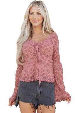 Peach Blossom Drawstring Knot Detail Floral Lace Blouse