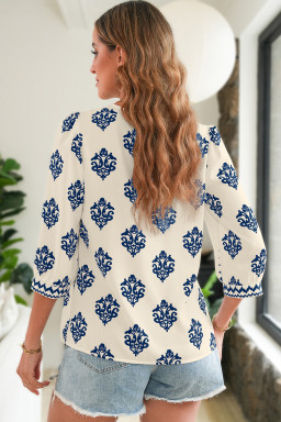 Blue Damask Floral Print Contrast V Neck 3/4 Sleeve Blouse