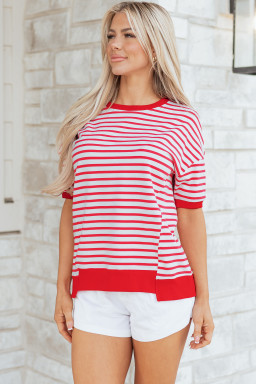 Red Stripe Drop Shoulder Half Sleeve T Shirt