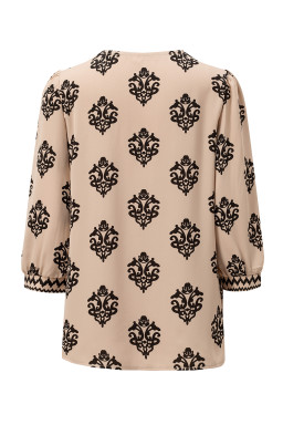 Khaki Damask Floral Print Contrast V Neck 3/4 Sleeve Blouse