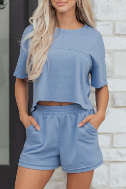 Sky Blue Solid Color Contrast Textured Patchwork Raw Edge 2pcs Short Set