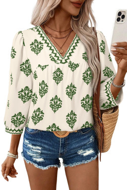 Green Damask Floral Print Contrast V Neck 3/4 Sleeve Blouse