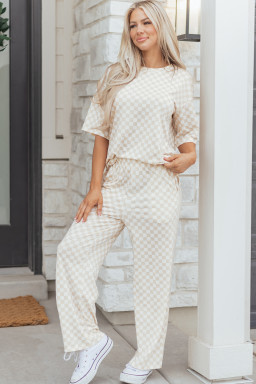 Khaki Checkered Print Half Sleeve Tee 2pcs Lounge Pant Set