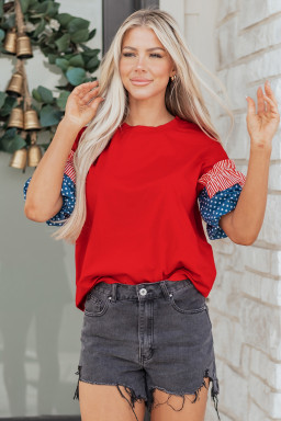 Fiery Red Stars Stripes Short Puff Sleeve Top
