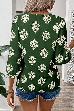 Green Damask Floral Print Contrast V Neck 3/4 Sleeve Blouse