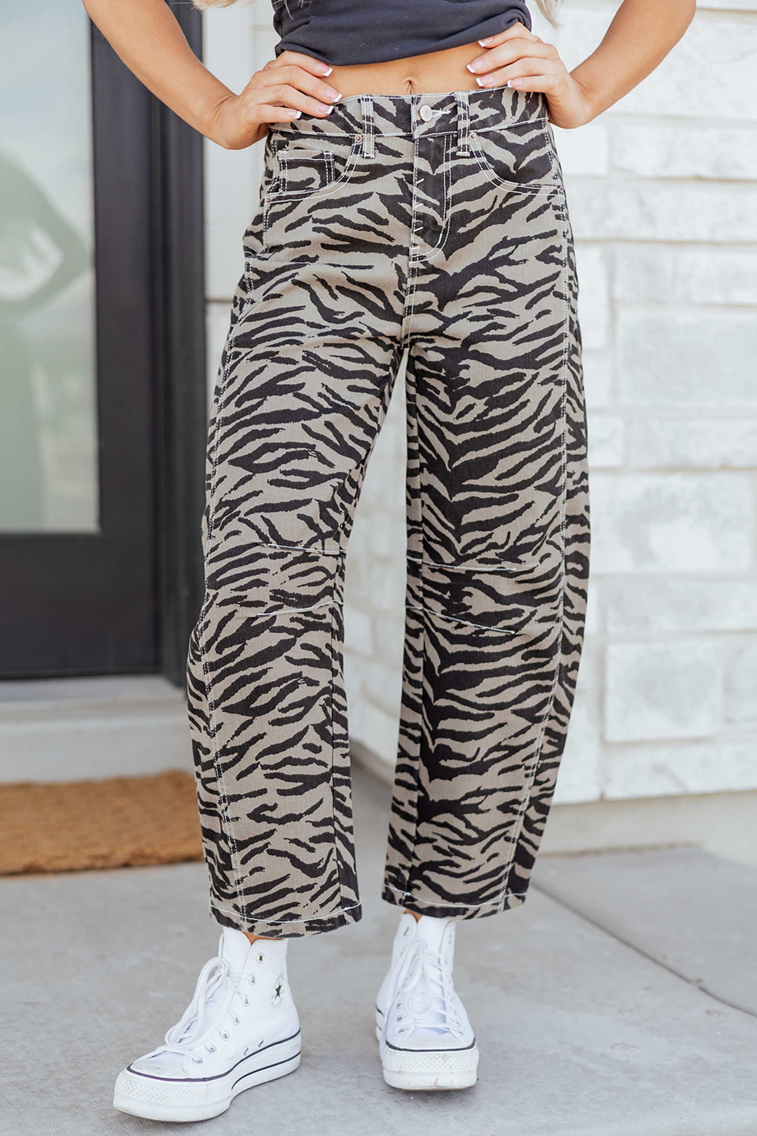 Gray Zebra Stripe Printed Wide Leg Jeans