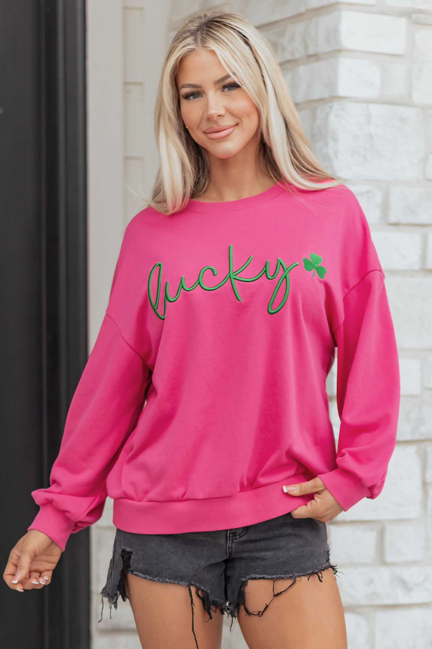 Rose Red Lucky Clover Embroidered Loose Pullover Sweatshirt