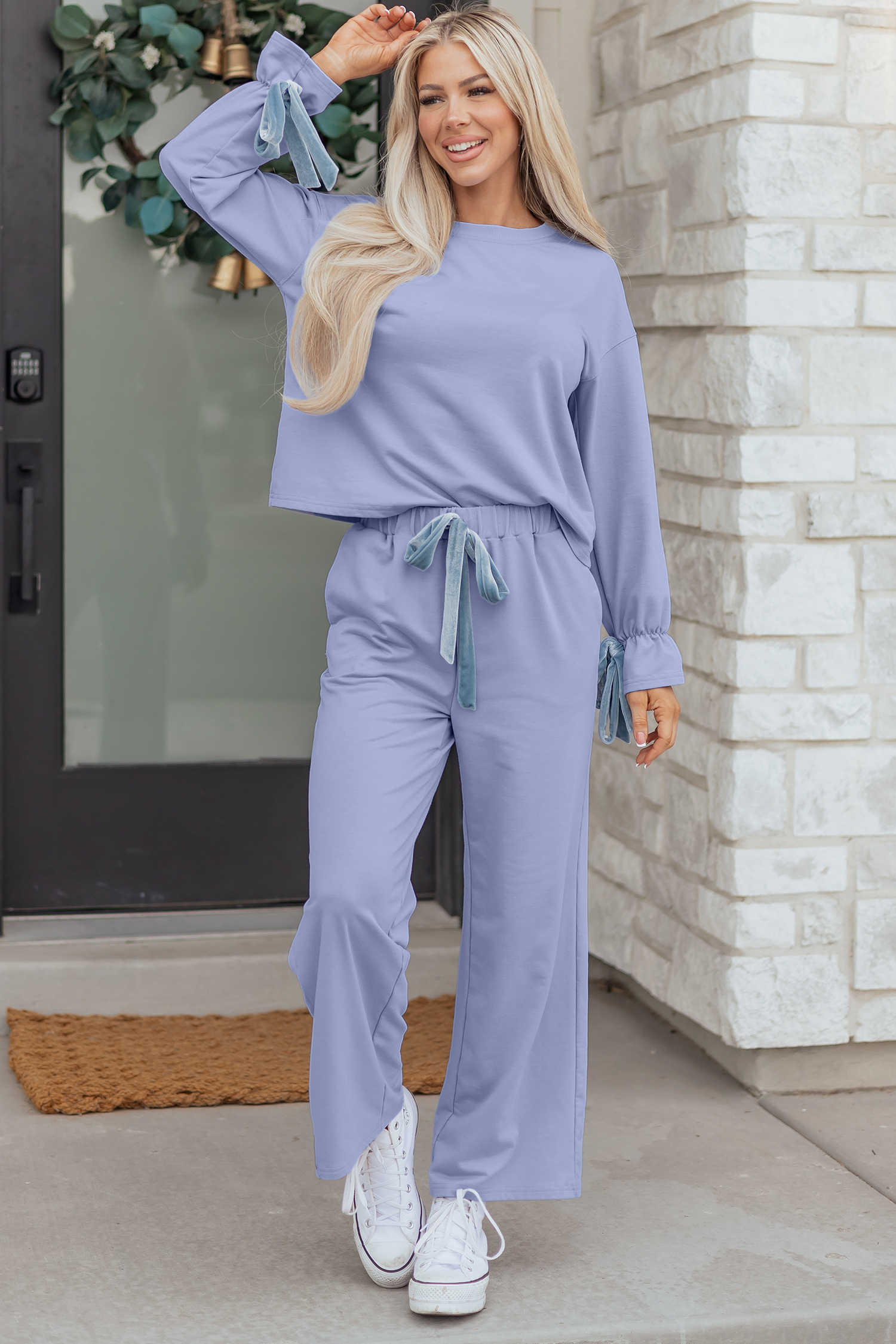 Beau Blue Flounce Long Sleeve Top Drawstring Pants Contrast Velvet Bow Knot 2pcs Lounge Set