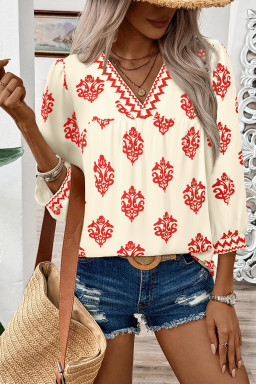 Red Damask Floral Print Contrast V Neck 3/4 Sleeve Blouse