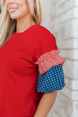 Fiery Red Stars Stripes Short Puff Sleeve Top