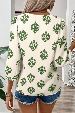 Green Damask Floral Print Contrast V Neck 3/4 Sleeve Blouse