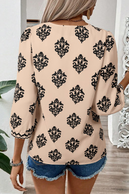 Khaki Damask Floral Print Contrast V Neck 3/4 Sleeve Blouse