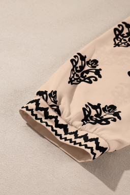 Khaki Damask Floral Print Contrast V Neck 3/4 Sleeve Blouse