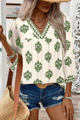 Green Damask Floral Print Contrast V Neck 3/4 Sleeve Blouse