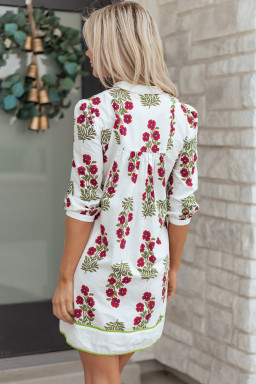 White Frilled V Neck 3/4 Sleeve Loose Floral Dress