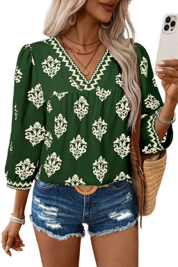 Green Damask Floral Print Contrast V Neck 3/4 Sleeve Blouse
