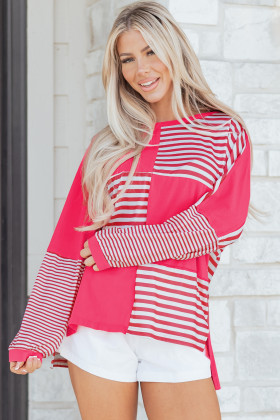 Túnica de màniga llarga amb espatlles caigudes i blocs de color a ratlles roses