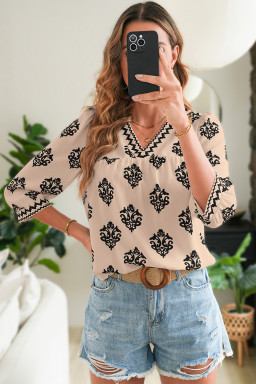 Khaki Damask Floral Print Contrast V Neck 3/4 Sleeve Blouse