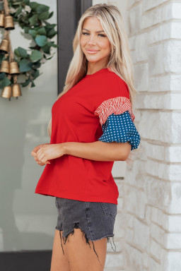 Fiery Red Stars Stripes Short Puff Sleeve Top