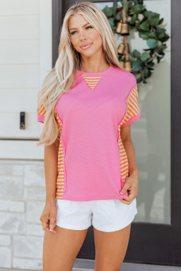 Bright Pink Waffle Textured Contrast Striped Patchwork Loose T Shirt