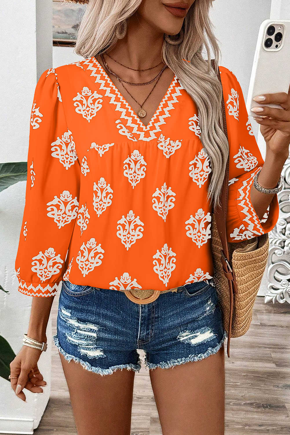 Orange Damask Floral Print Contrast V Neck 3/4 Sleeve Blouse