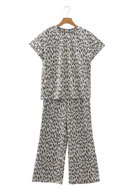 Beige Leopard Print Casual Tee and Pants 2pcs Outfit