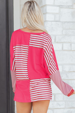 Pink Stripe Color Block Patchwork Drop Shoulder Long Sleeve Tunic Top