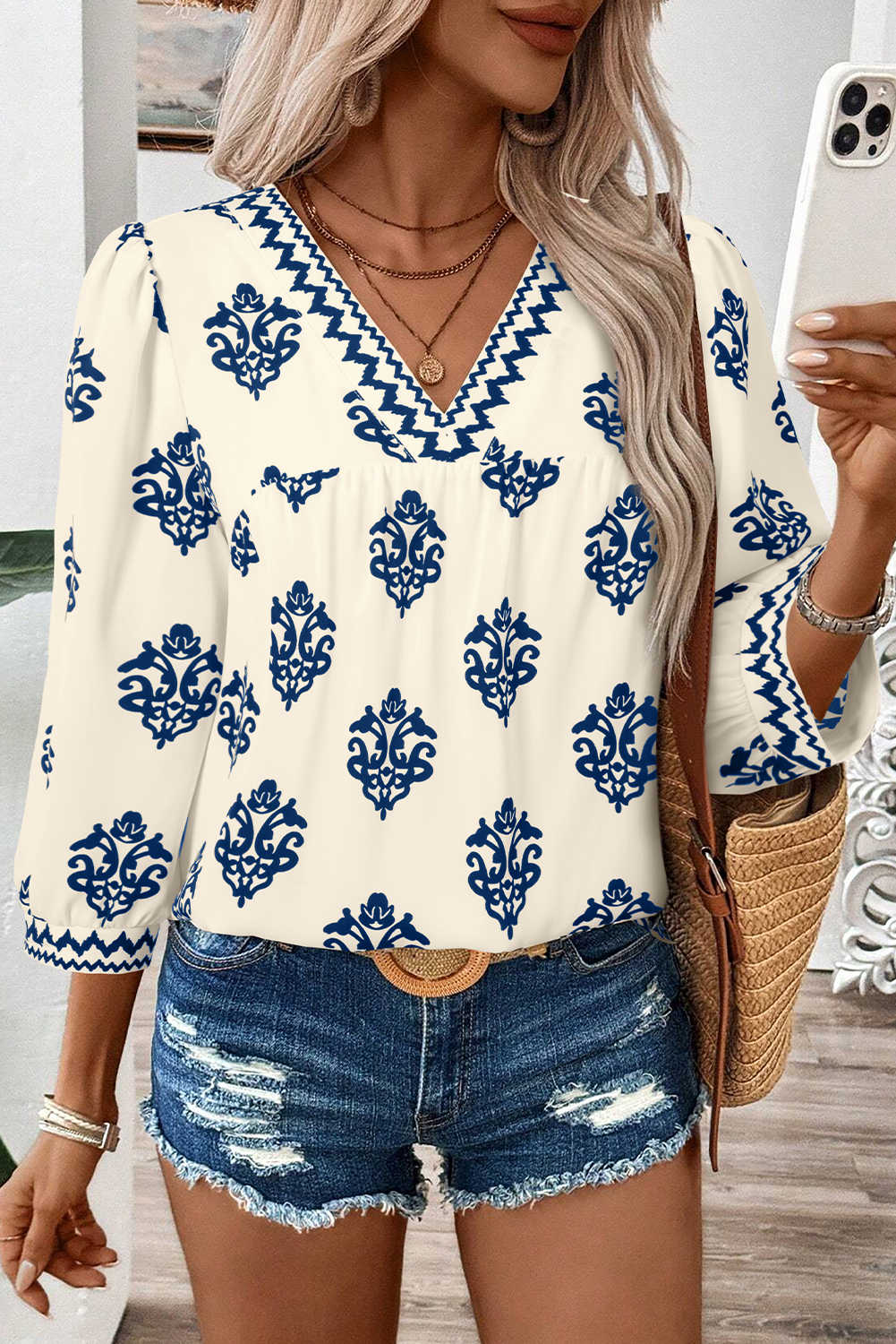 Blue Damask Floral Print Contrast V Neck 3/4 Sleeve Blouse