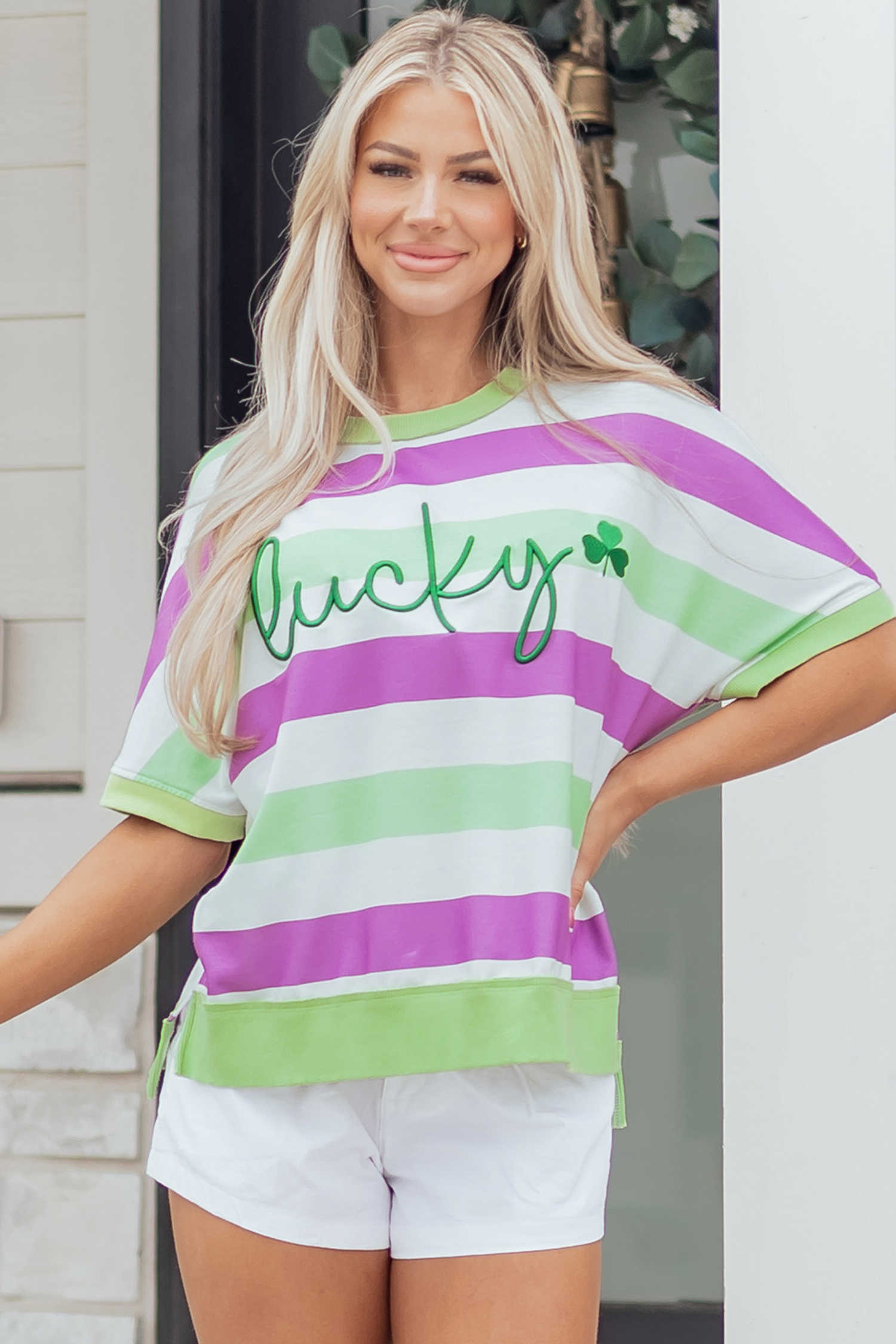 Green Stripe Lucky Clover Embroidered Graphic Dolman Loose Tee