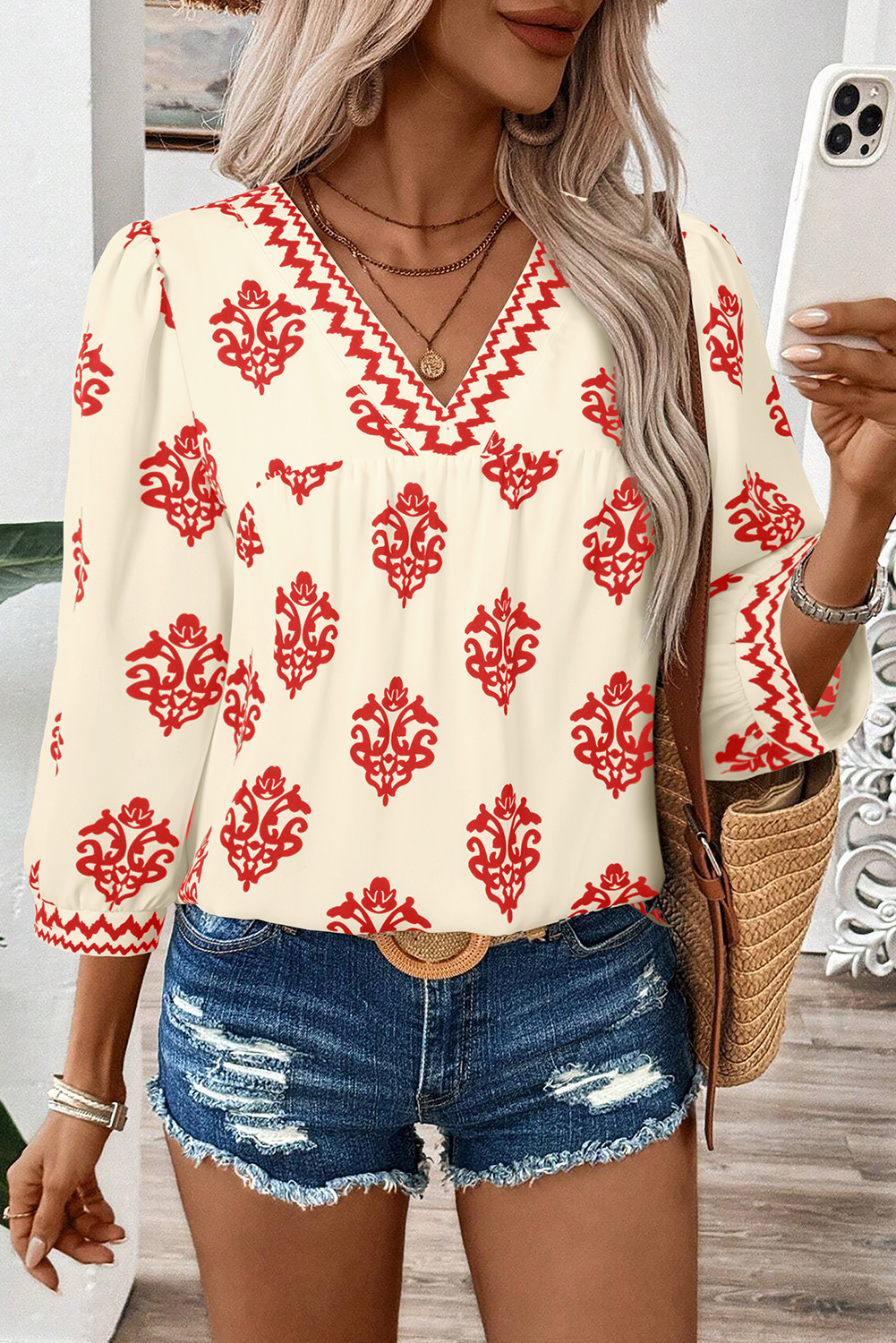 Red Damask Floral Print Contrast V Neck 3/4 Sleeve Blouse