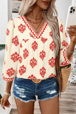 Red Damask Floral Print Contrast V Neck 3/4 Sleeve Blouse