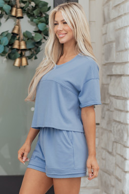 Sky Blue Solid Color Contrast Textured Patchwork Raw Edge 2pcs Short Set