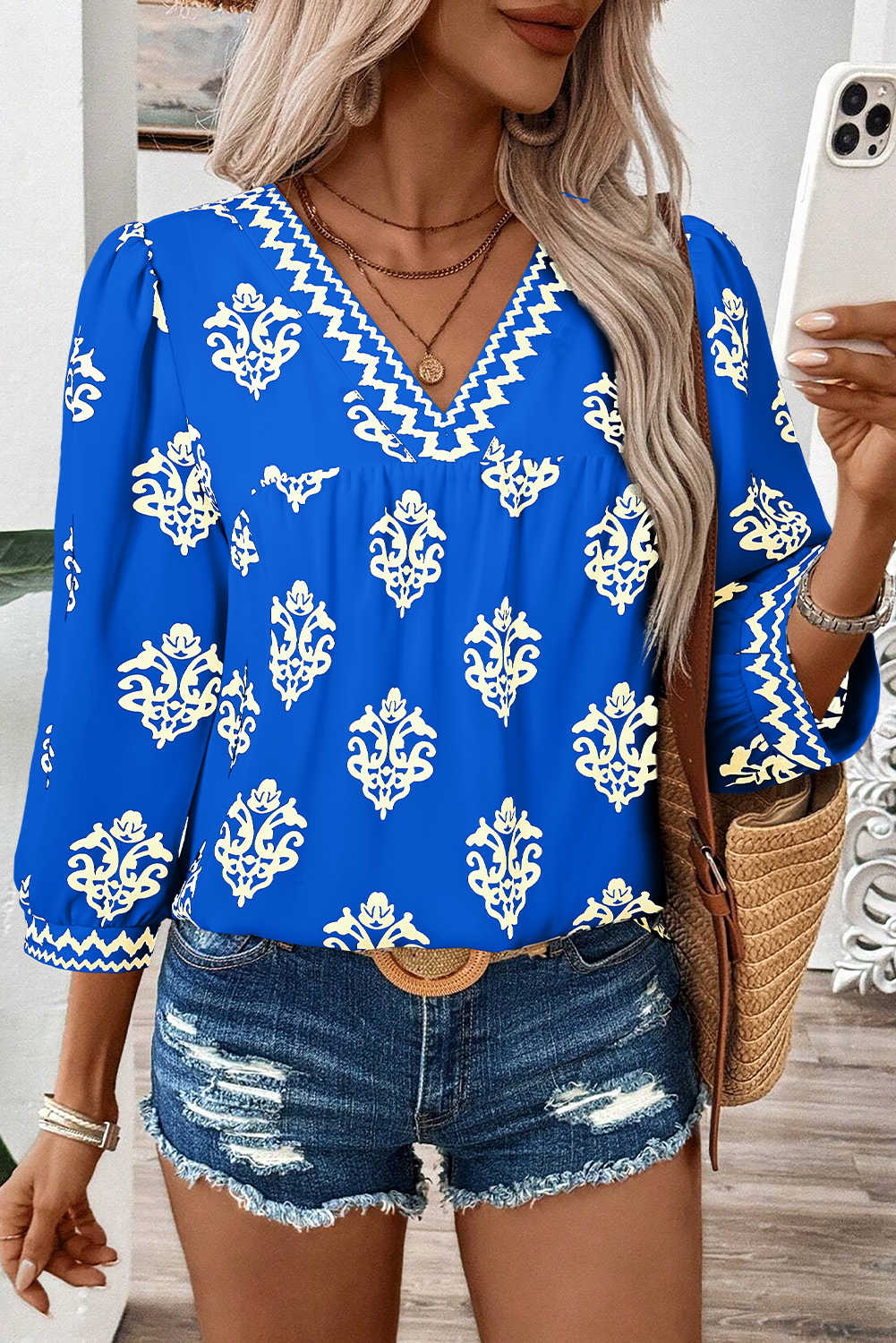 Blue Damask Floral Print Contrast V Neck 3/4 Sleeve Blouse