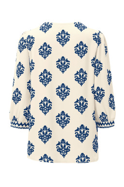 Blue Damask Floral Print Contrast V Neck 3/4 Sleeve Blouse
