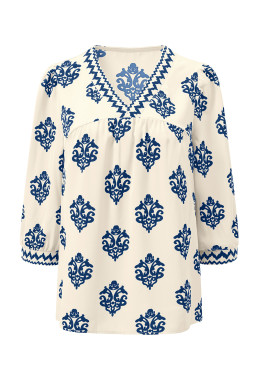 Blue Damask Floral Print Contrast V Neck 3/4 Sleeve Blouse
