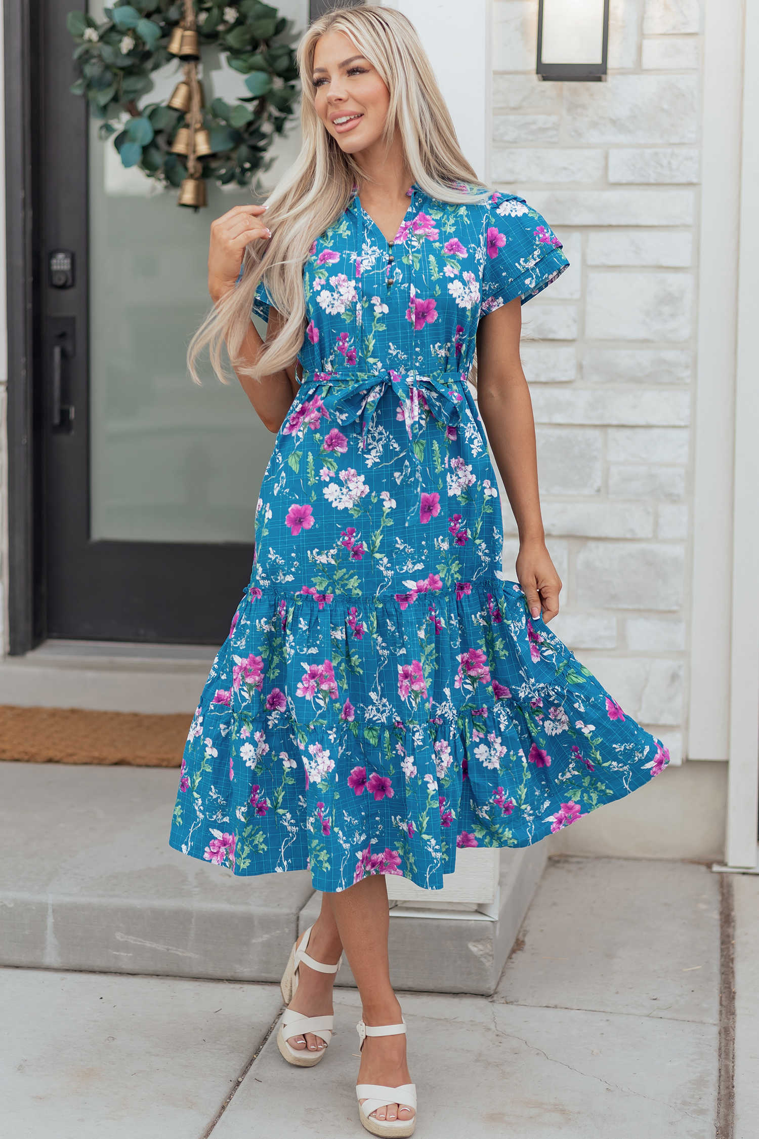 Blue Floral Flutter Sleeve Button Tie Split Neck Belted Long Dress