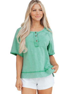 Mint Green Half Buttons Raw Seam Raglan Sleeve Mineral Wash T Shirt