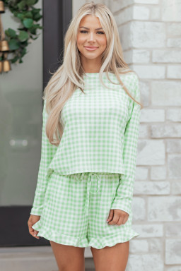Green Gingham Long Sleeve Loose Top Drawstring Shorts 2pcs Lounge Set