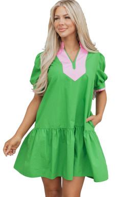 Bright Green Color Block Detail Split Neck Short Puff Sleeve Ruffle Hem Mini Dress