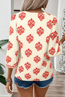 Red Damask Floral Print Contrast V Neck 3/4 Sleeve Blouse