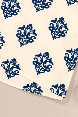 Blue Damask Floral Print Contrast V Neck 3/4 Sleeve Blouse