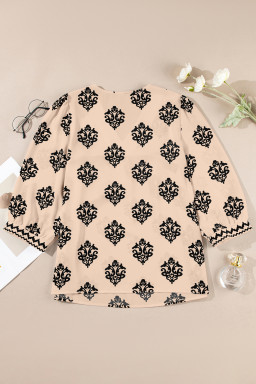 Khaki Damask Floral Print Contrast V Neck 3/4 Sleeve Blouse