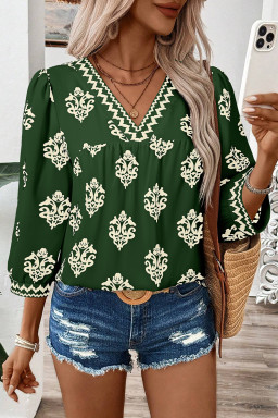 Green Damask Floral Print Contrast V Neck 3/4 Sleeve Blouse