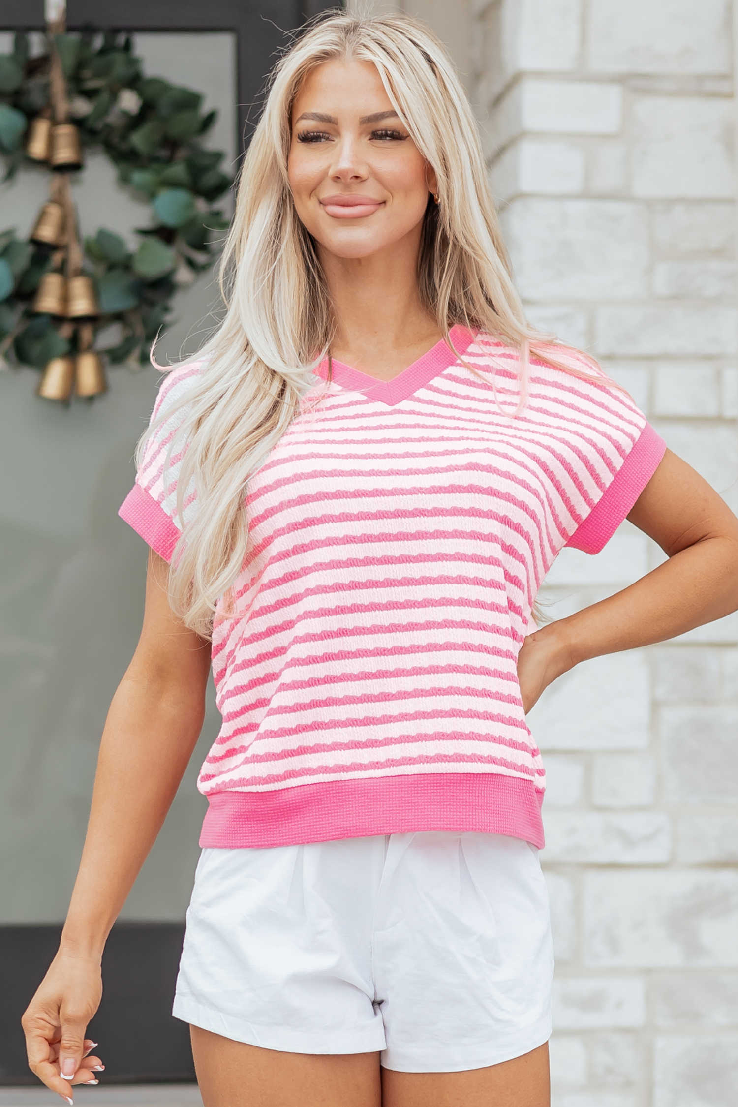 Pink Stripe Textured Knit Contrast Trim V Neck Short Sleeve Top
