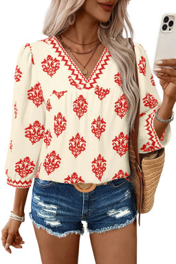 Red Damask Floral Print Contrast V Neck 3/4 Sleeve Blouse