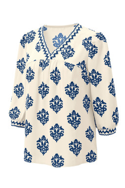 Blue Damask Floral Print Contrast V Neck 3/4 Sleeve Blouse