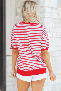 Red Stripe Drop Shoulder Half Sleeve T Shirt