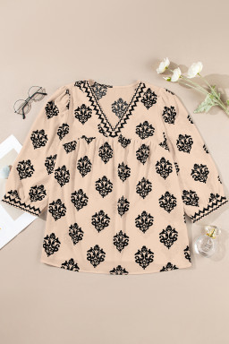 Khaki Damask Floral Print Contrast V Neck 3/4 Sleeve Blouse