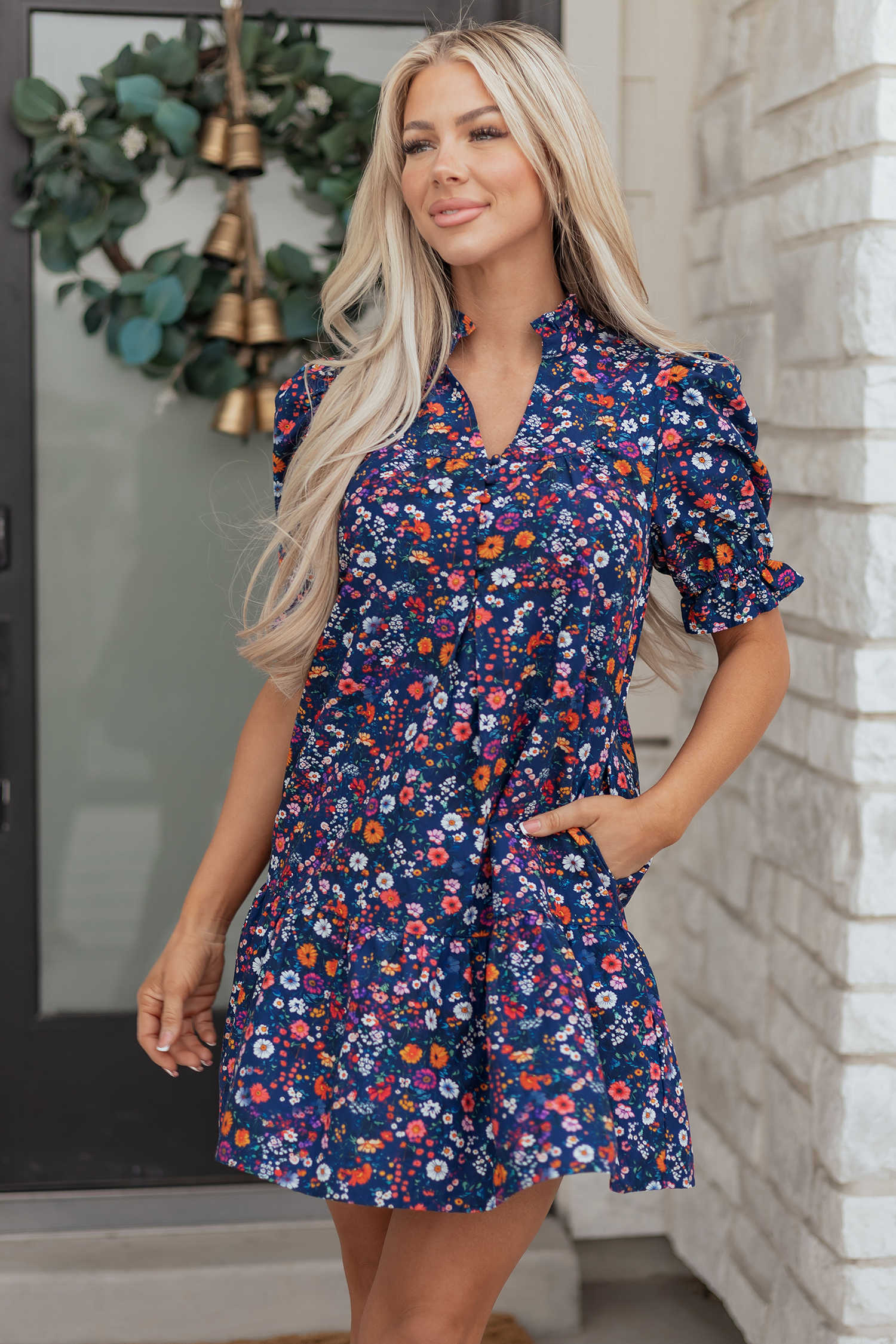 Blue Wild Daisy Floral Split Neck Short Puff Sleeve Mini Dress