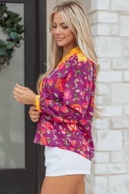 Rose Contrast Placket Split V Neck Floral Blouse